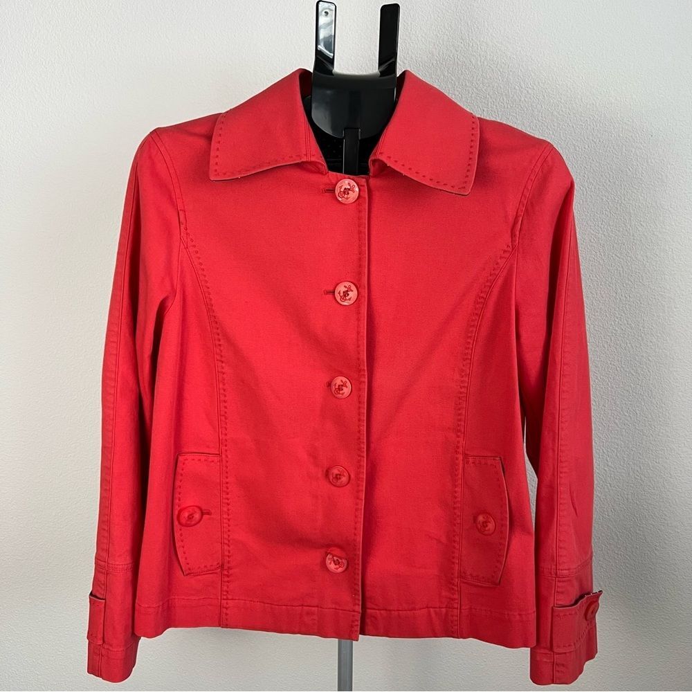 L.L.Bean Nautical Anchor Jacket Red Cotton Coastal Preppy Button Front M